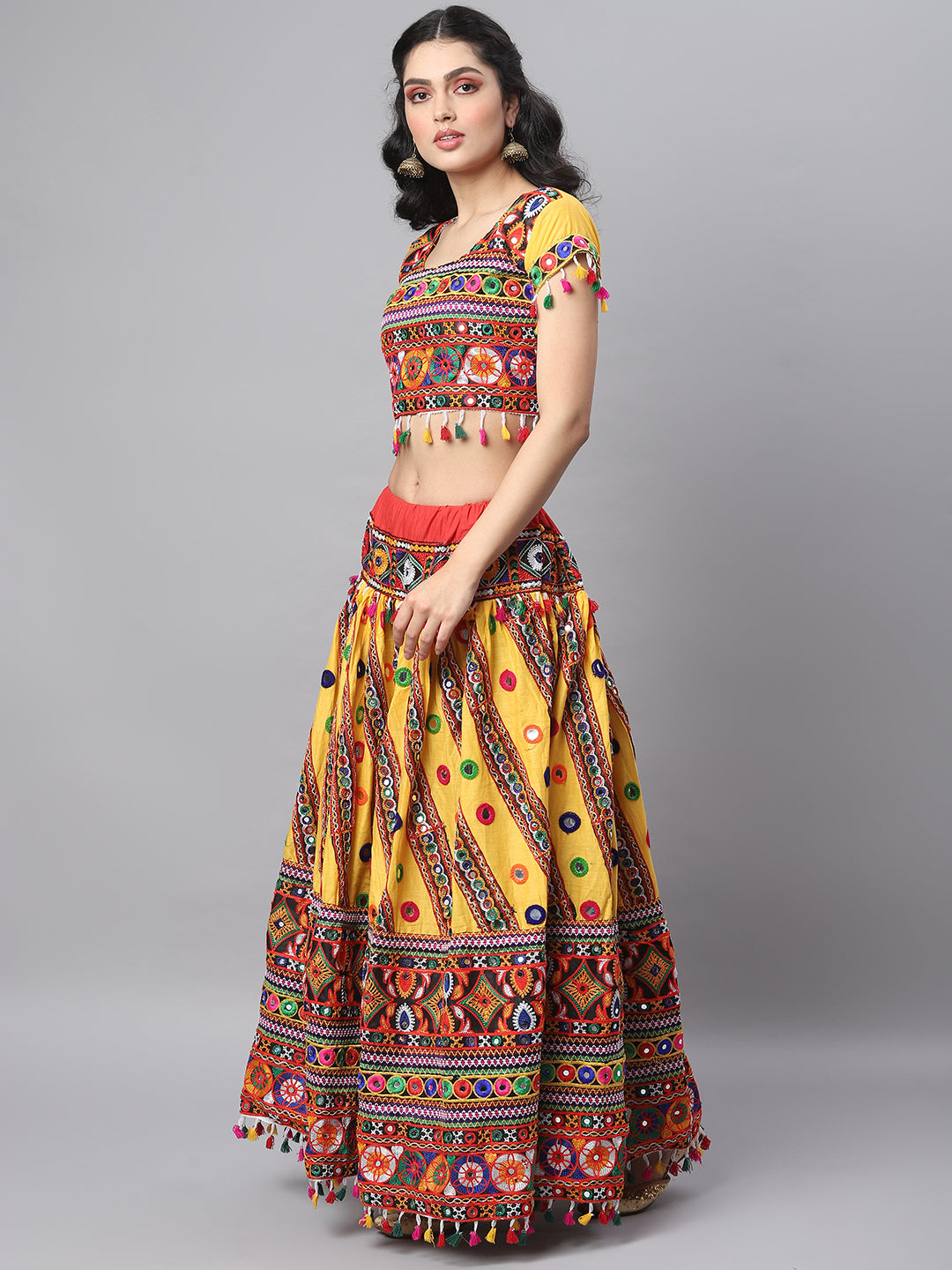 Banjara India Cotton Long Flair Aari Embroidery Kutch Work (Lehenga Choli) Chaniya Choli Set with Dupatta-(CC-SLASH-YELLOW)