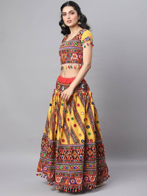 Banjara India Cotton Long Flair Aari Embroidery Kutch Work (Lehenga Choli) Chaniya Choli Set with Dupatta-(CC-SLASH-YELLOW)