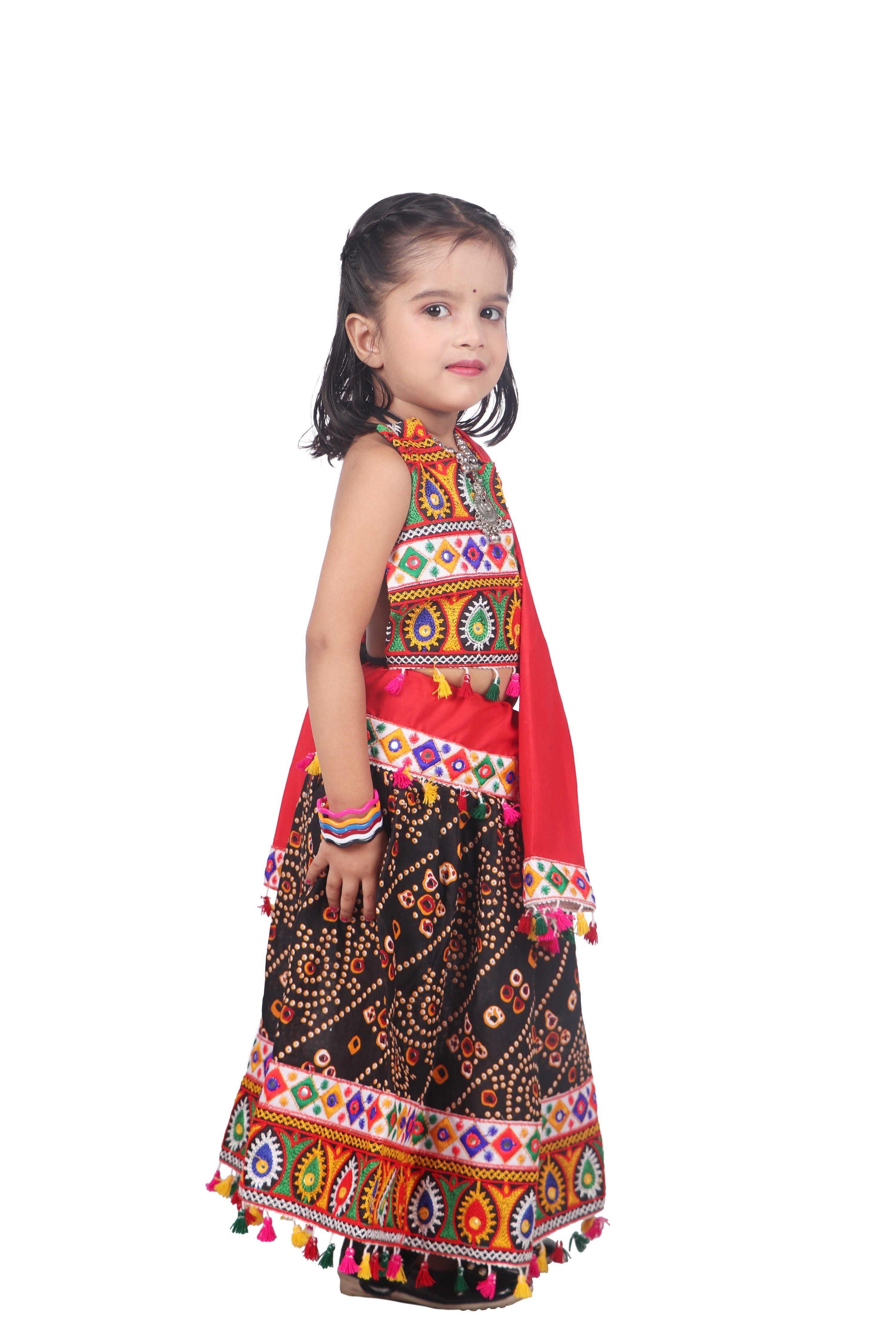 Banjara India Kutchi Emboidered Black Girls Chaniya Choli with Dupatta (CC-RJS) - Black