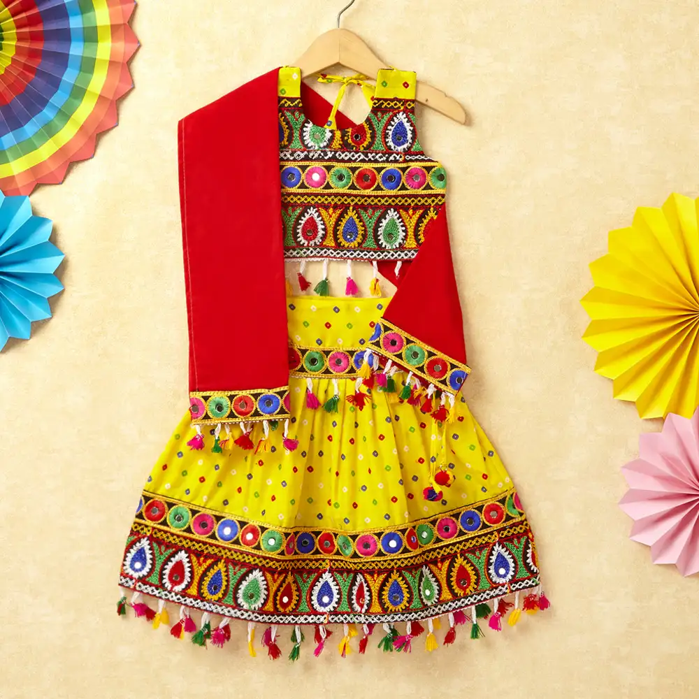 Banjara India Kutchi Emboidered Red Girls Chaniya Choli with Dupatta (CC-POP) - Yellow