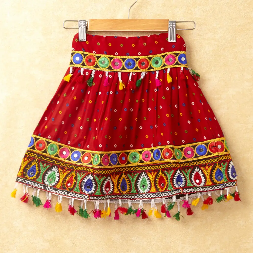 Banjara India Kutchi Emboidered White Girls Chaniya Choli with Dupatta (CC-POP) - Red