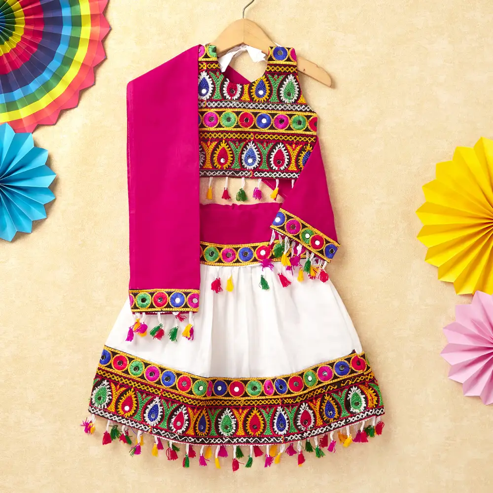 Banjara India Kutchi Emboidered Orange Girls Chaniya Choli with Dupatta (CC-DROP) - WHITE