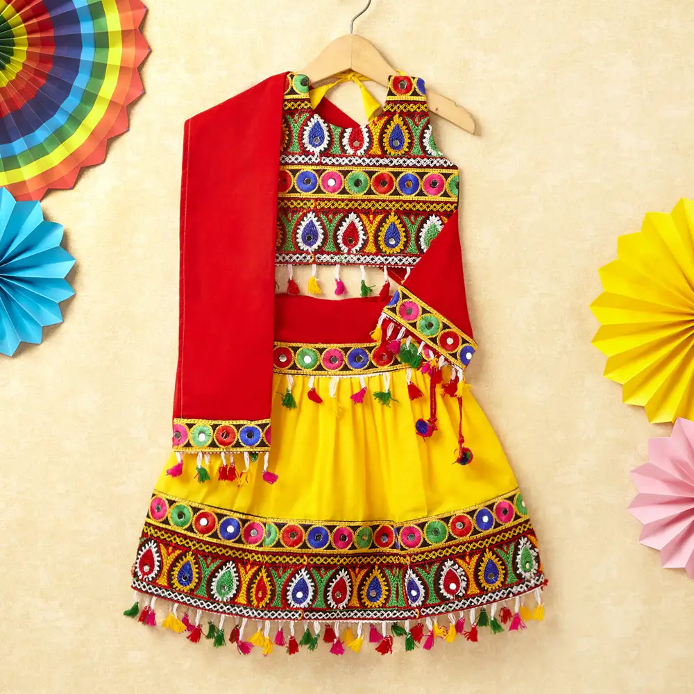 Banjara India Kutchi Emboidered White Girls Chaniya Choli with Dupatta (CC-DROP) - YELLOW