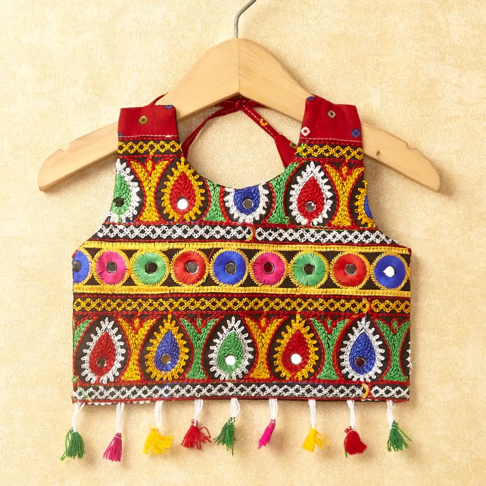 Banjara India Kutchi Emboidered White Girls Chaniya Choli with Dupatta (CC-POP) - Red