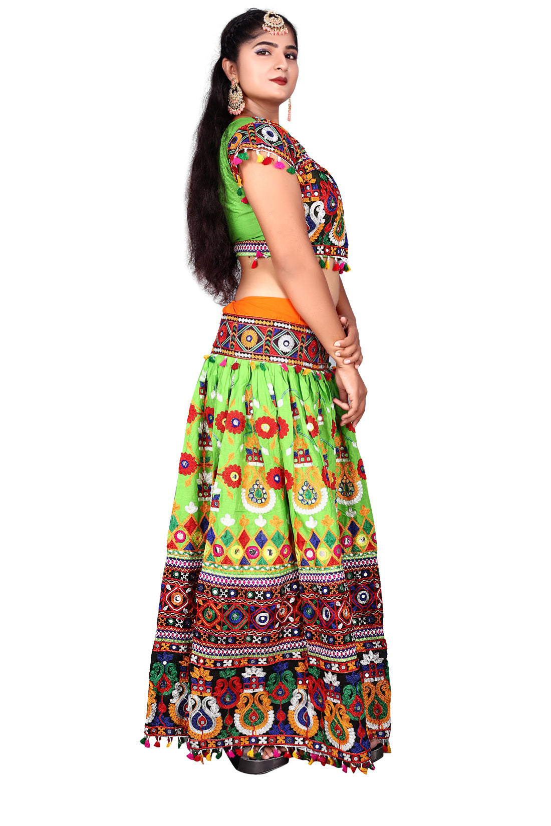 Banjara India Cotton Long Flair Aari Embroidery Kutch Work (Lehenga Choli) Chaniya Choli Set with Dupatta-(CC-KALASH-GREEN)