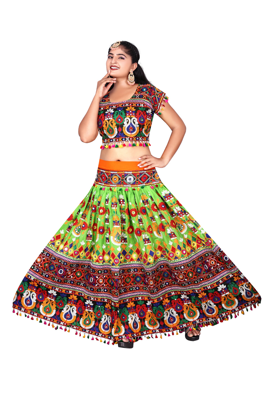 Banjara India Cotton Long Flair Aari Embroidery Kutch Work (Lehenga Choli) Chaniya Choli Set with Dupatta-(CC-KALASH-GREEN)