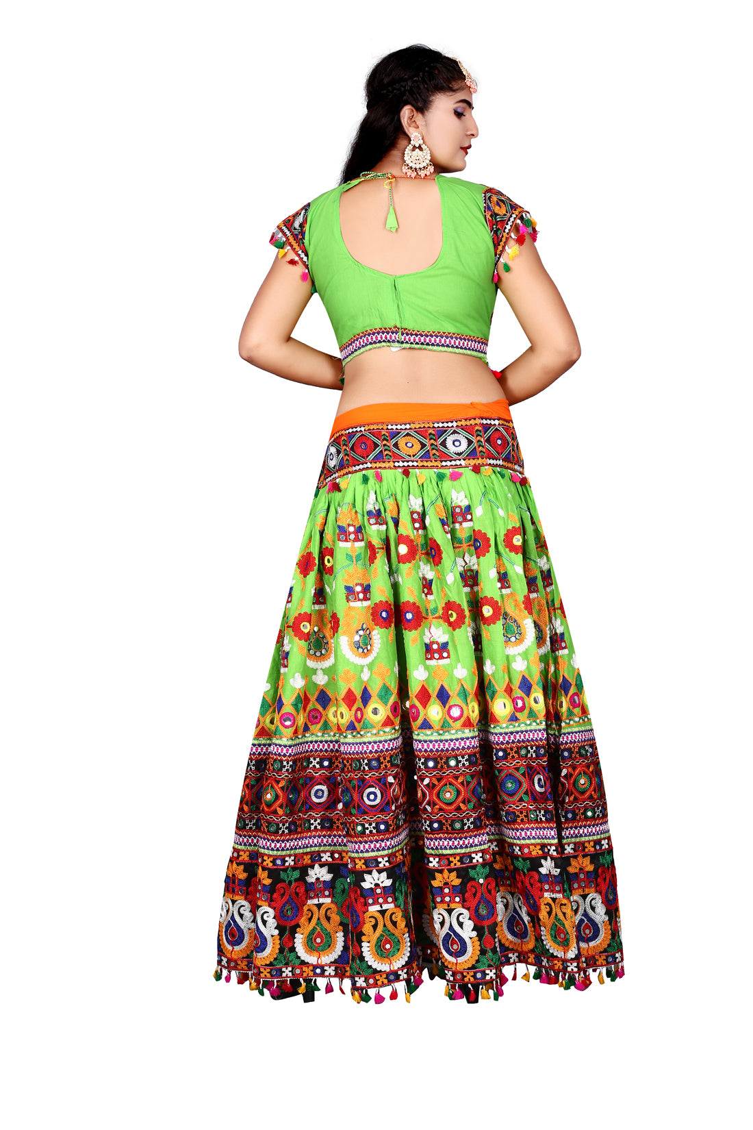 Banjara India Cotton Long Flair Aari Embroidery Kutch Work (Lehenga Choli) Chaniya Choli Set with Dupatta-(CC-KALASH-GREEN)