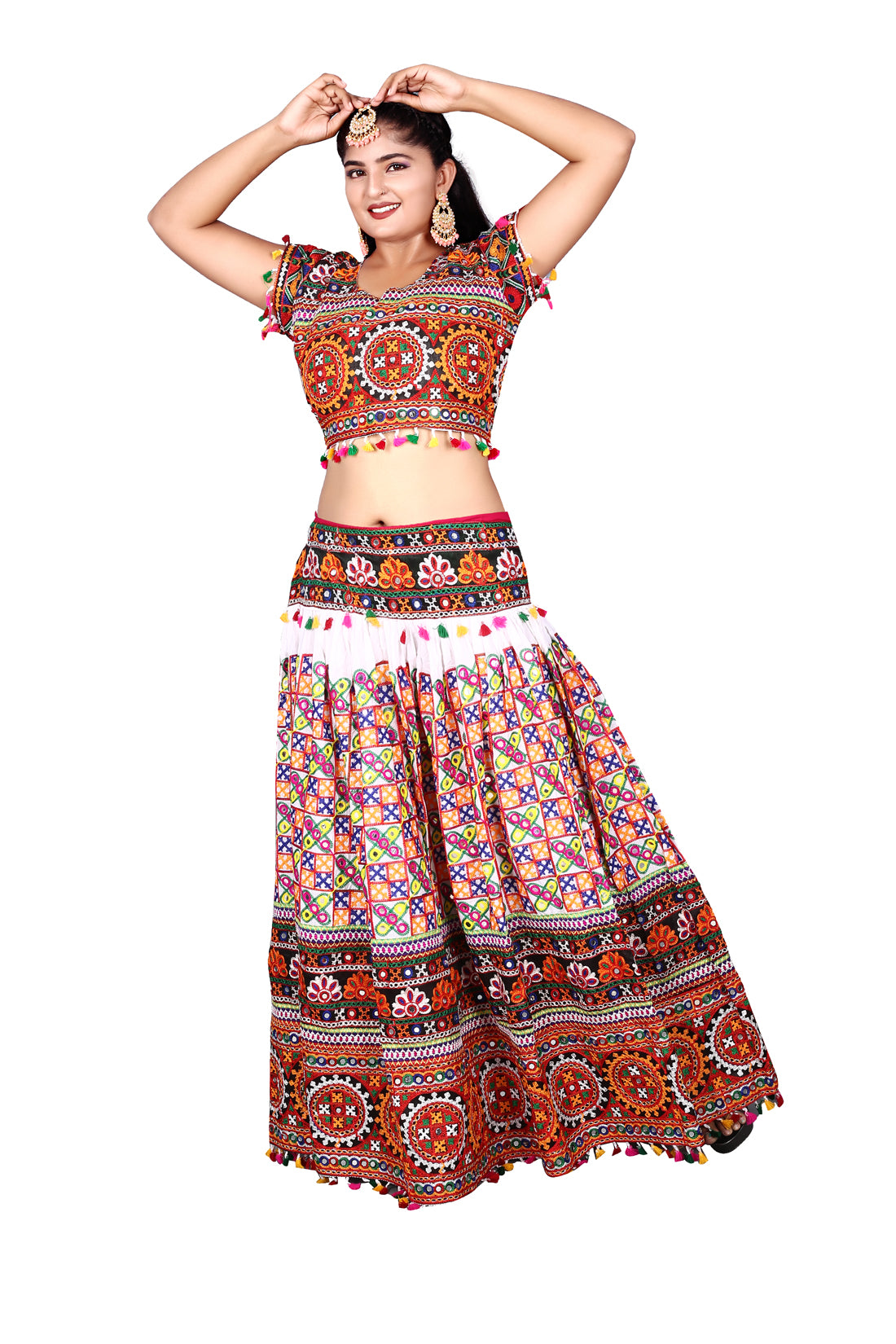 Banjara India Cotton Long Flair Aari Embroidery Kutch Work (Lehenga Choli) Chaniya Choli Set with Dupatta-(CC-HeavyBawariya-White)