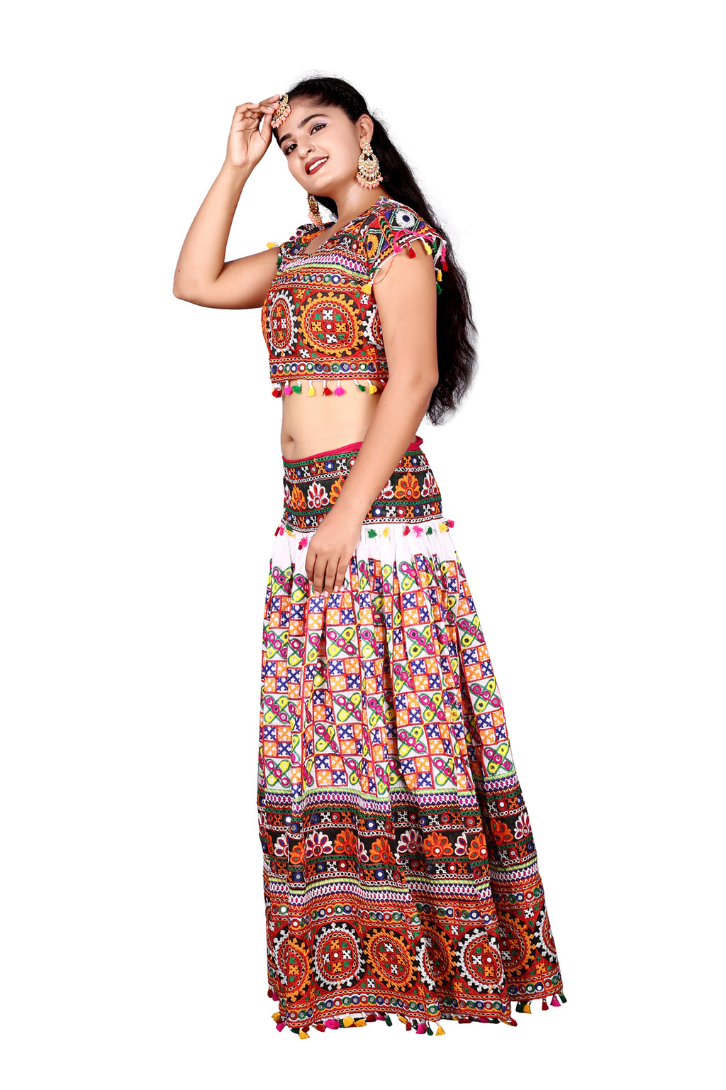 Banjara India Cotton Long Flair Aari Embroidery Kutch Work (Lehenga Choli) Chaniya Choli Set with Dupatta-(CC-HeavyBawariya-White)