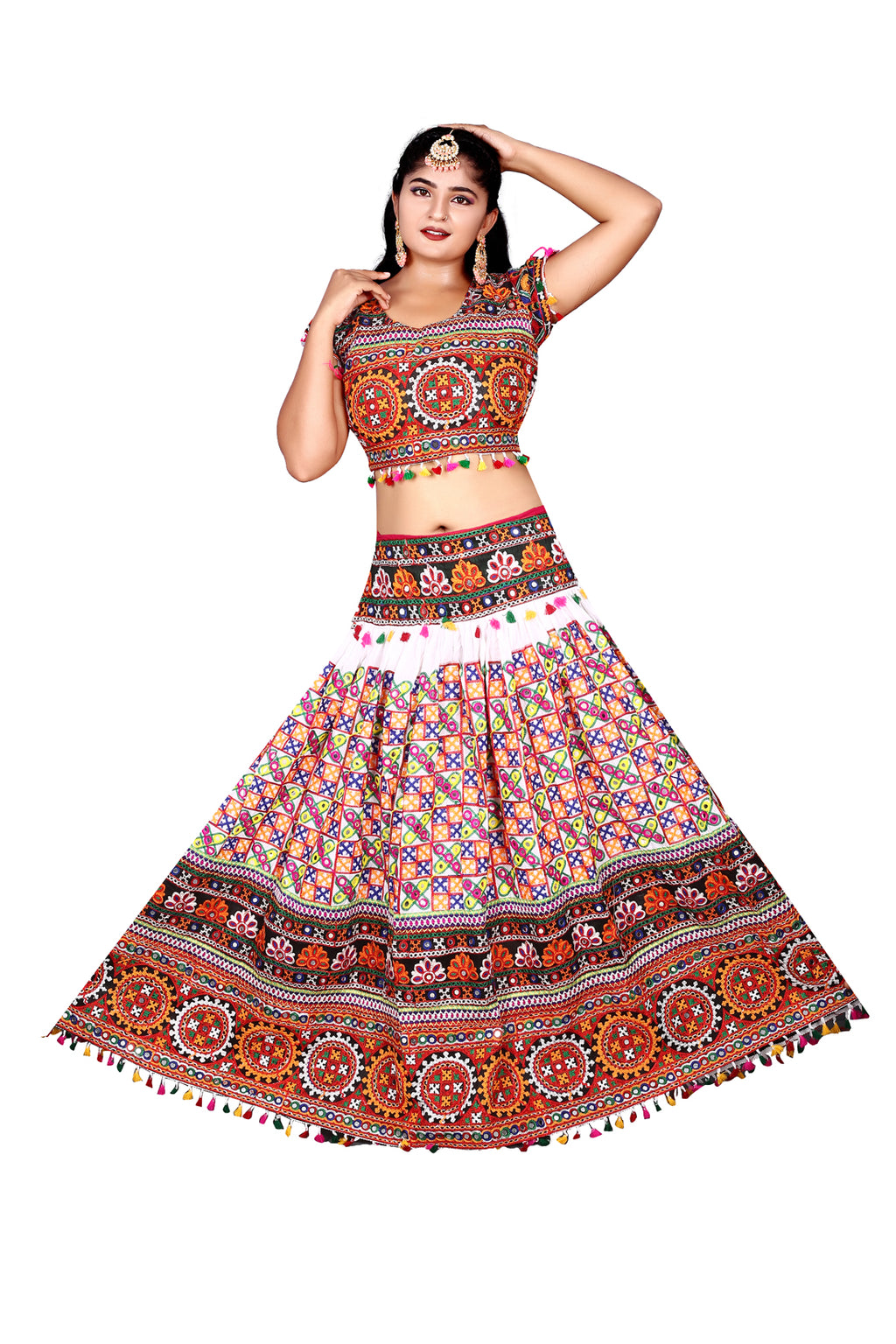 Banjara India Cotton Long Flair Aari Embroidery Kutch Work (Lehenga Choli) Chaniya Choli Set with Dupatta-(CC-HeavyBawariya-White)