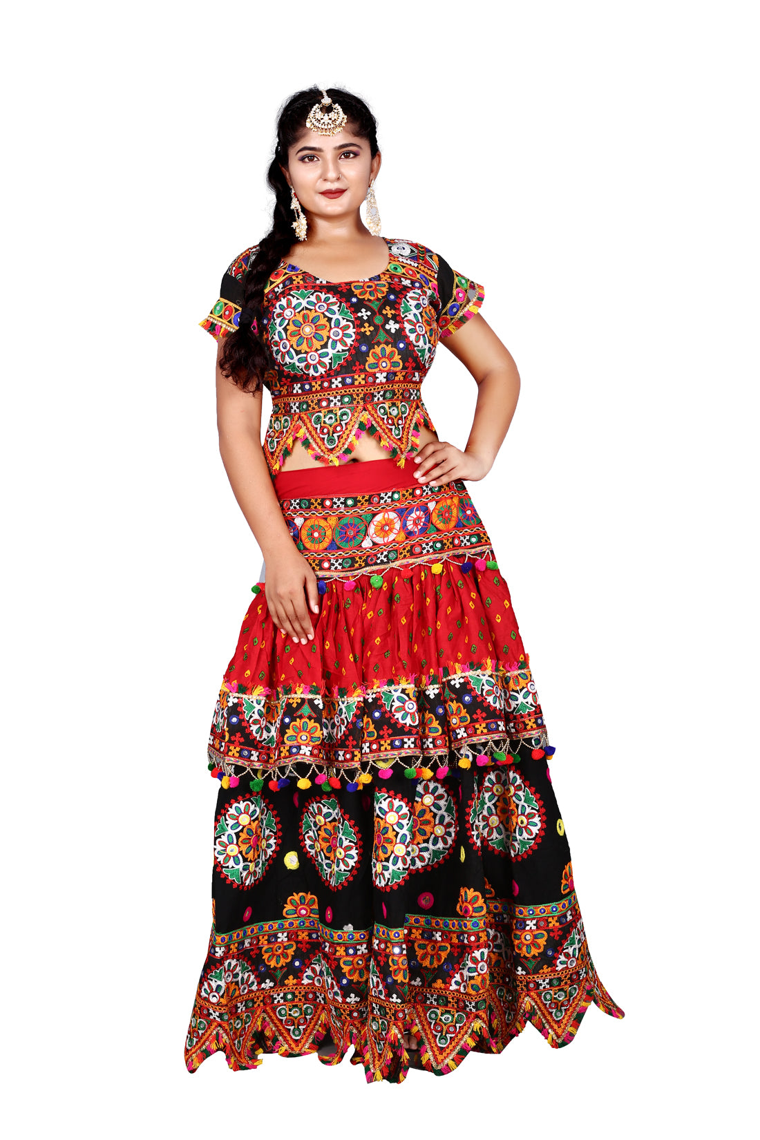 Banjara India Cotton Long Flair Aari Embroidery Kutch Work (Lehenga Choli) Chaniya Choli Set with Dupatta-(CC-HalfChakkar-RED.BLACK)