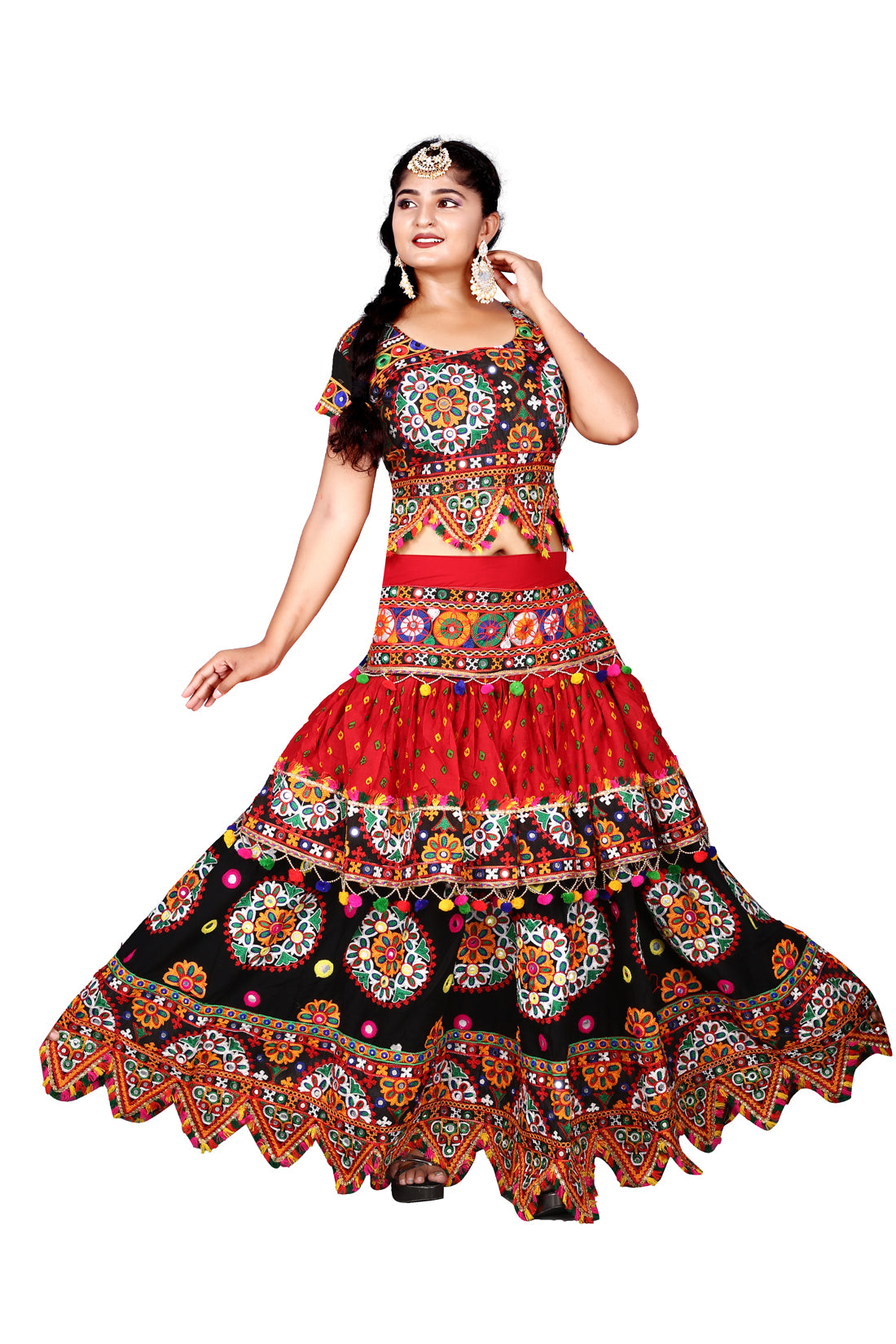 Banjara India Cotton Long Flair Aari Embroidery Kutch Work (Lehenga Choli) Chaniya Choli Set with Dupatta-(CC-HalfChakkar-RED.BLACK)