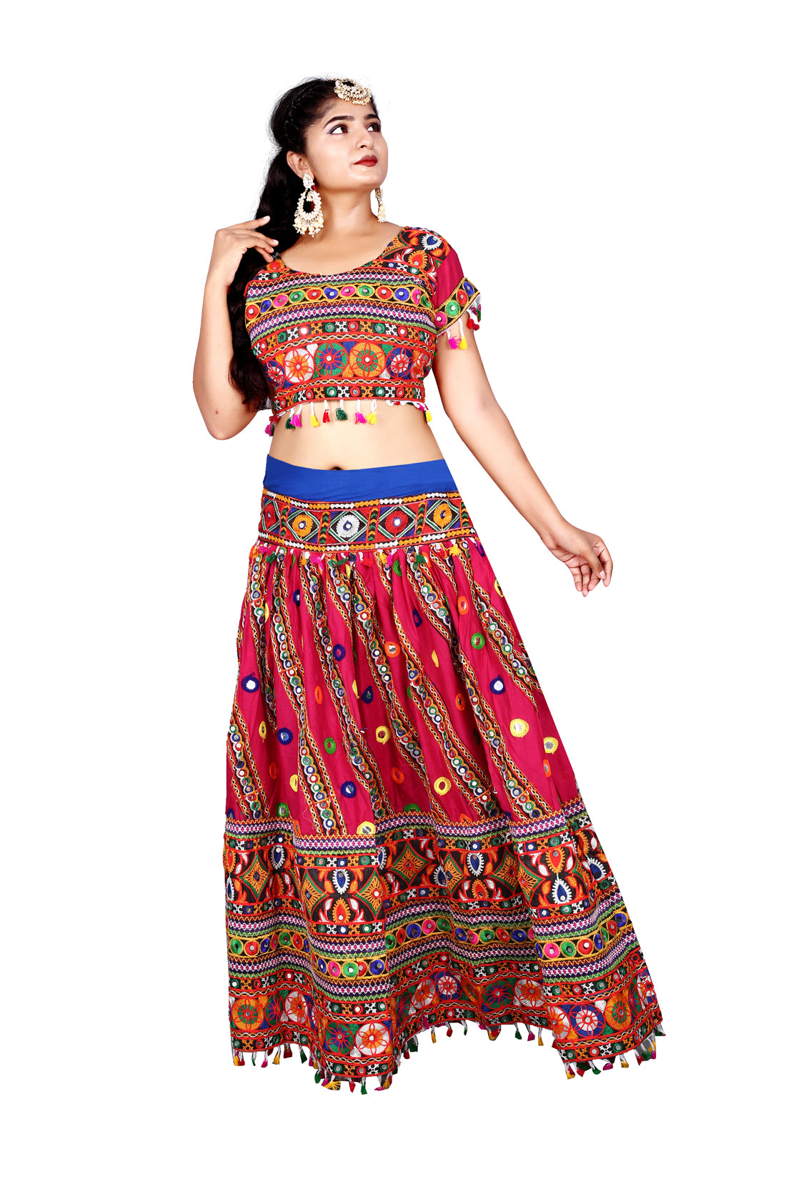 Banjara India Cotton Long Flair Aari Embroidery Kutch Work (Lehenga Choli) Chaniya Choli Set with Dupatta-(CC-SLASH-PINK)