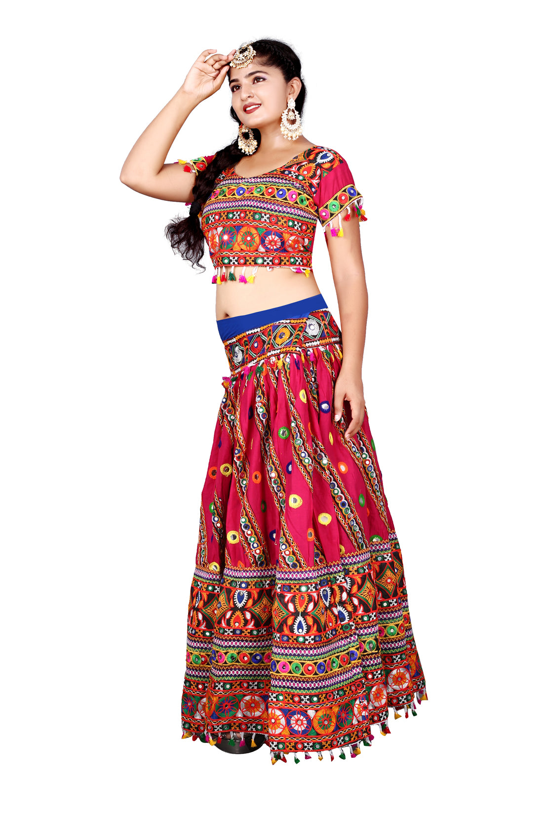 Banjara India Cotton Long Flair Aari Embroidery Kutch Work (Lehenga Choli) Chaniya Choli Set with Dupatta-(CC-SLASH-PINK)