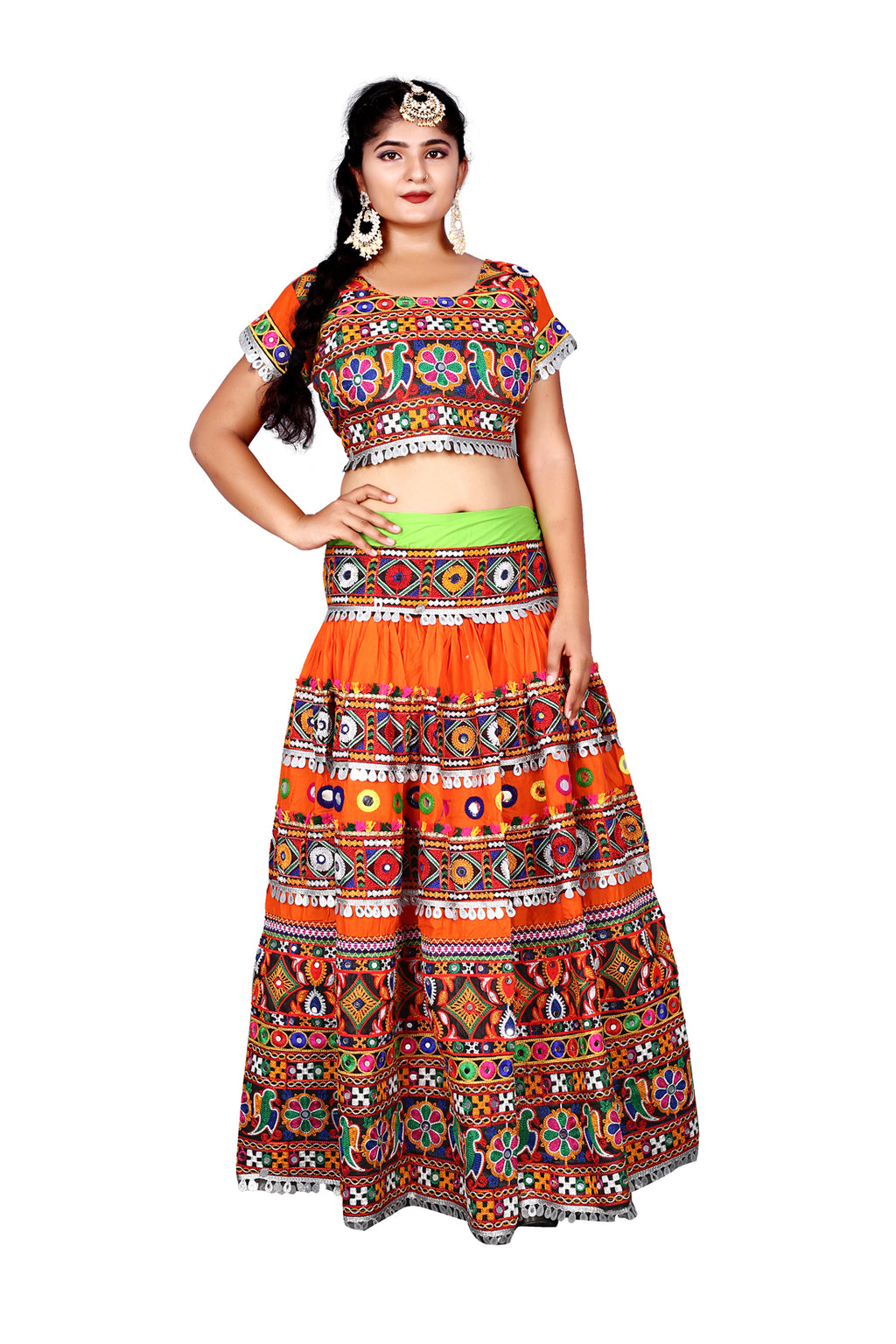 Banjara India Cotton Long Flair Aari Embroidery Kutch Work (Lehenga Choli) Chaniya Choli Set with Dupatta-(CC-DOUBLEPATTA-ORANGE)