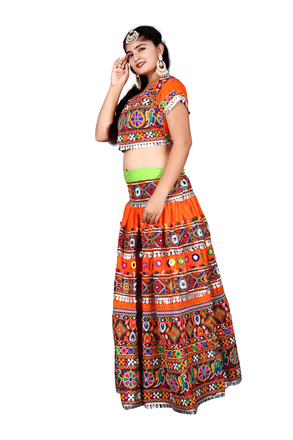 Banjara India Cotton Long Flair Aari Embroidery Kutch Work (Lehenga Choli) Chaniya Choli Set with Dupatta-(CC-DOUBLEPATTA-ORANGE)