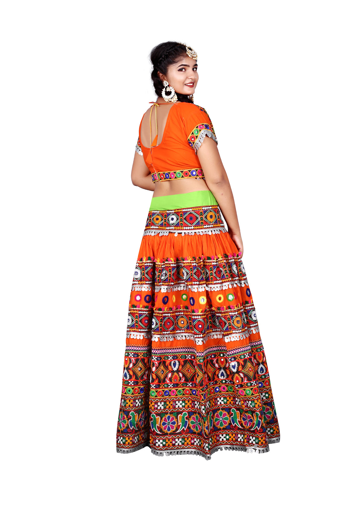 Banjara India Cotton Long Flair Aari Embroidery Kutch Work (Lehenga Choli) Chaniya Choli Set with Dupatta-(CC-DOUBLEPATTA-ORANGE)