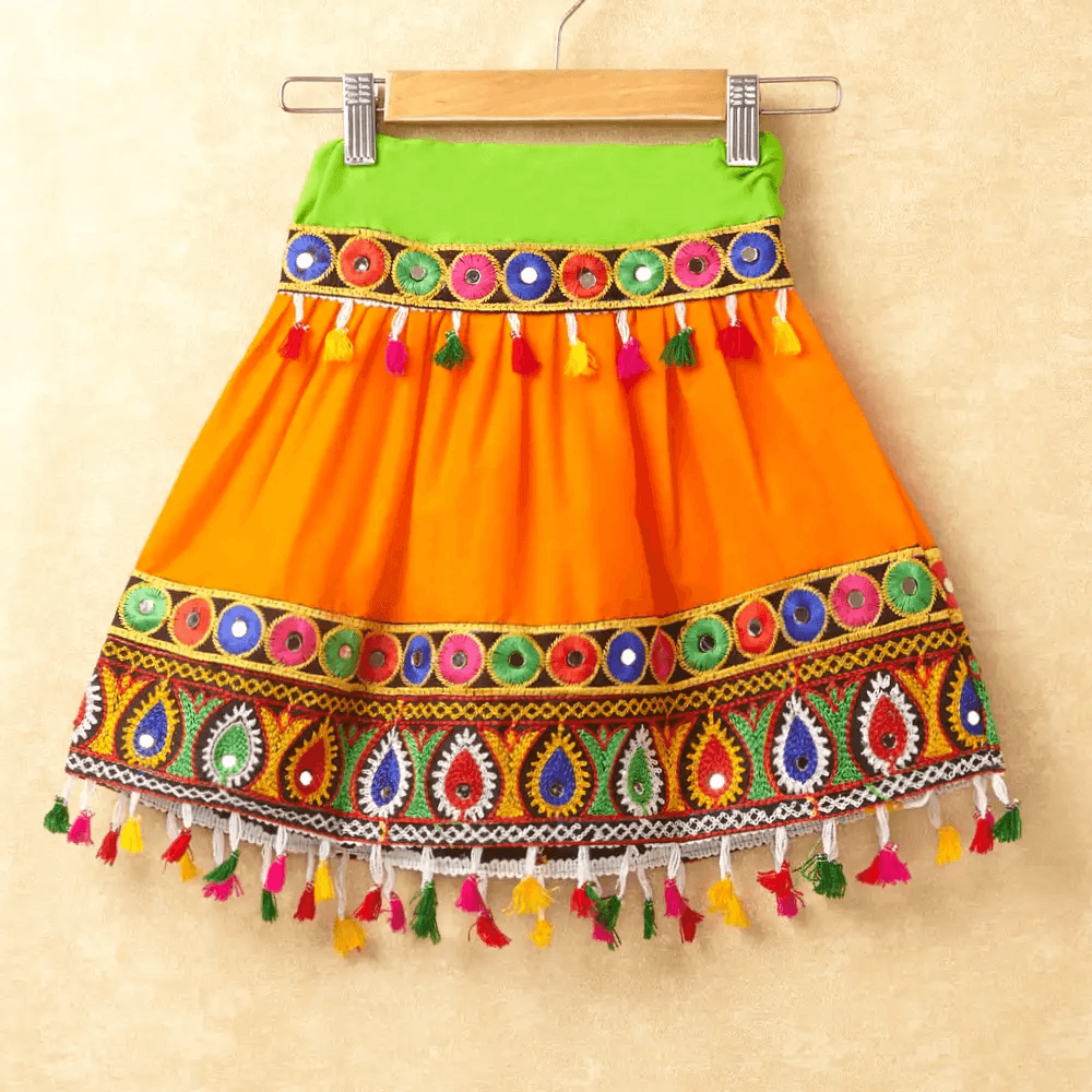 Banjara India Kutchi Emboidered Red Girls Chaniya Choli with Dupatta (CC-DROP) - ORANGE