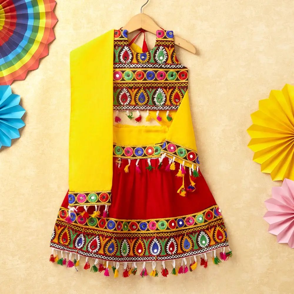 Banjara India Kutchi Emboidered Pink Girls Chaniya Choli with Dupatta (CC-DROP) - RED
