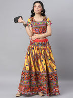 Banjara India Cotton Long Flair Aari Embroidery Kutch Work (Lehenga Choli) Chaniya Choli Set with Dupatta-(CC-SLASH-YELLOW)