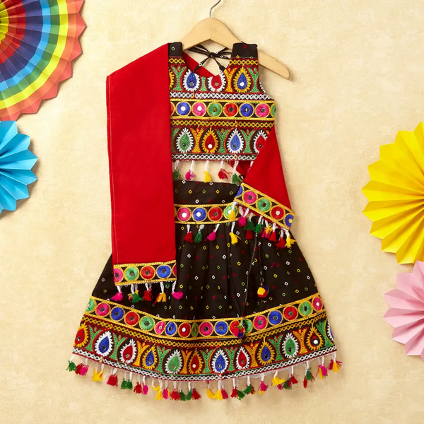 Banjara India Kutchi Emboidered Black Girls Chaniya Choli with Dupatta (CC-POP) - Black