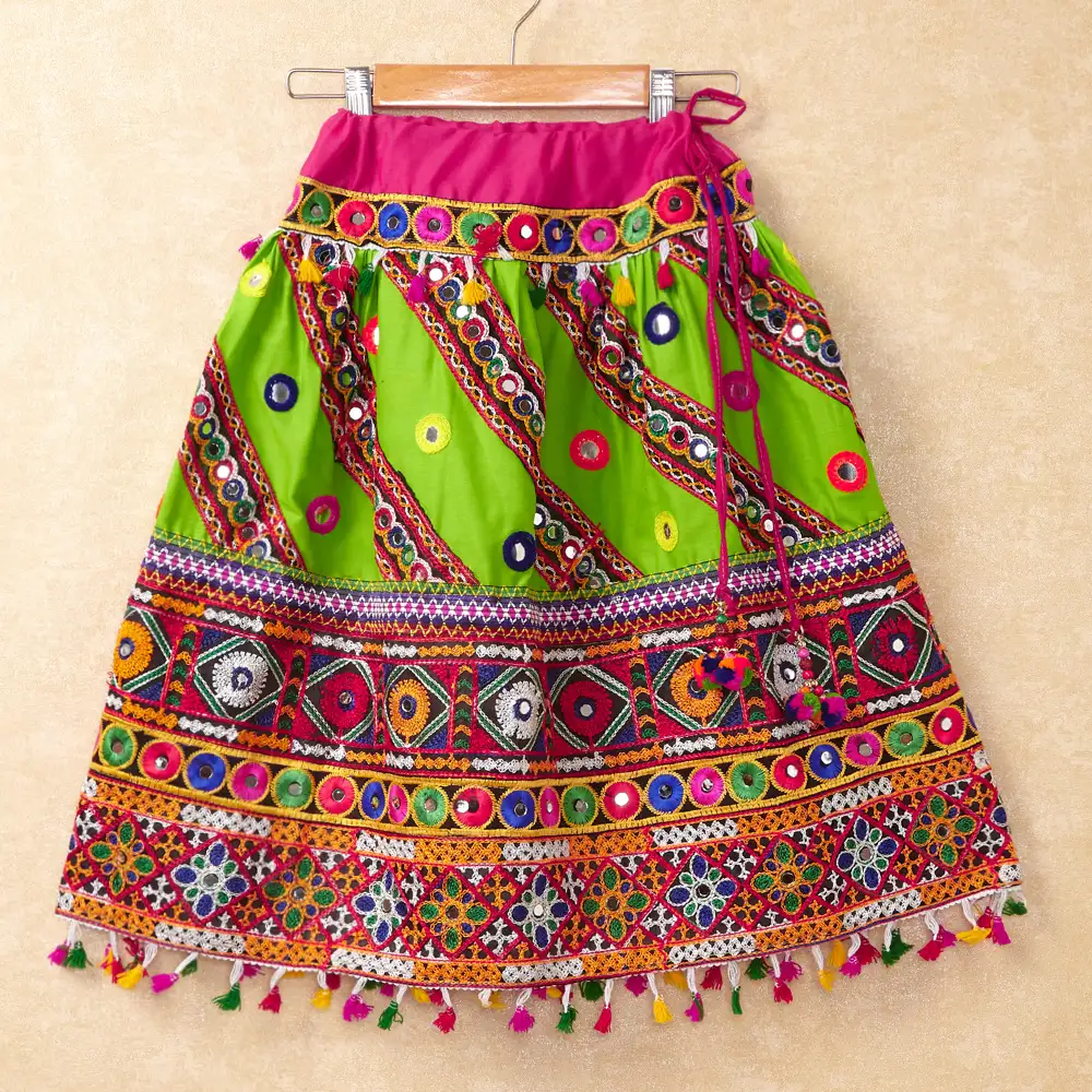 Banjara India Kutchi Emboidered Green Girls Chaniya Choli with Dupatta (CC-WAVE) - Green