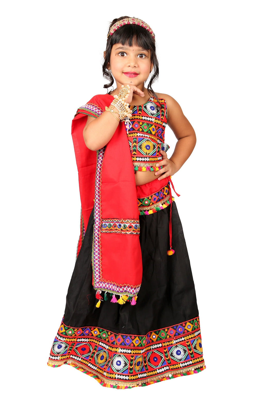 Banjara India Kutchi Emboidered Black Girls Chaniya Choli with Dupatta (CC-DMN) - Black
