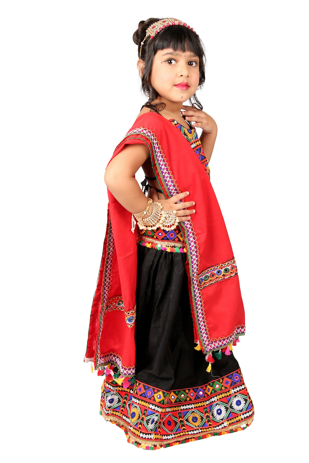 Banjara India Kutchi Emboidered Black Girls Chaniya Choli with Dupatta (CC-DMN) - Black