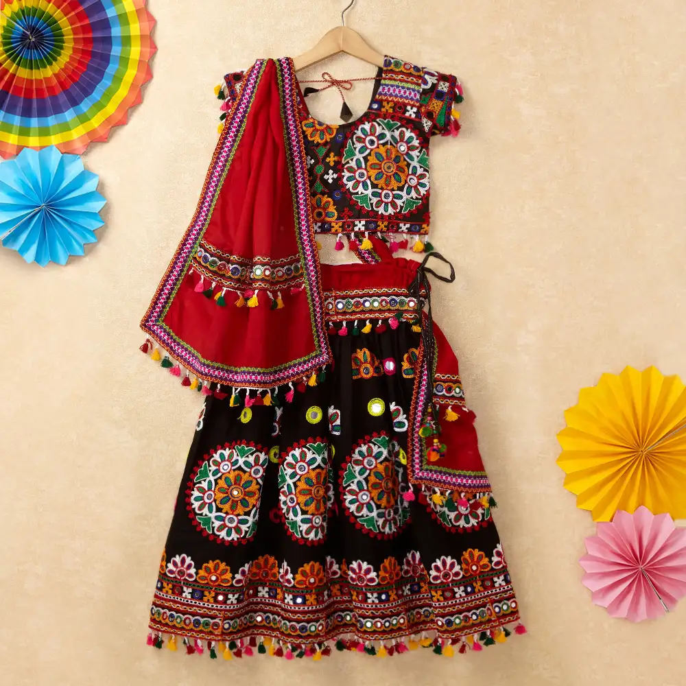 Banjara India Kutchi Emboidered Black Girls Chaniya Choli with Dupatta (CC-RING) - Black
