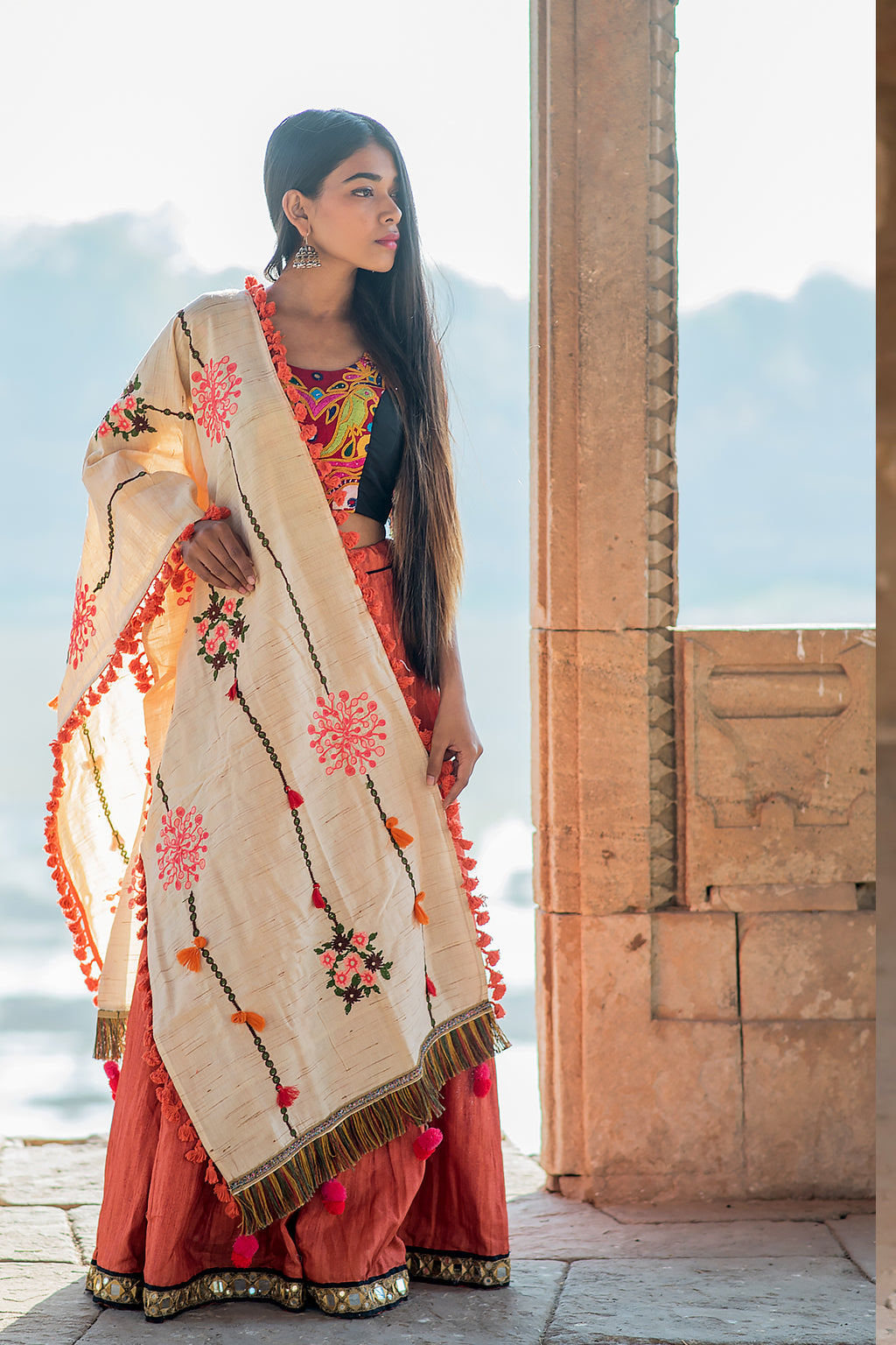 Premium Beige Slub Handloom Cotton Floral Embroidered festive Dupatta _MF7002