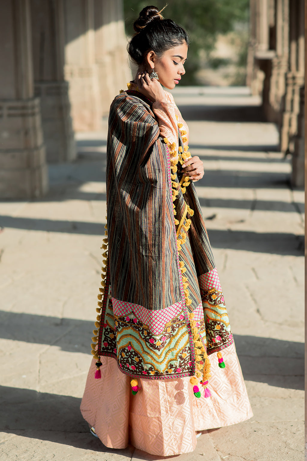 Premium Temple Embroidered Panel Linen Festive Dupatta_MF7003