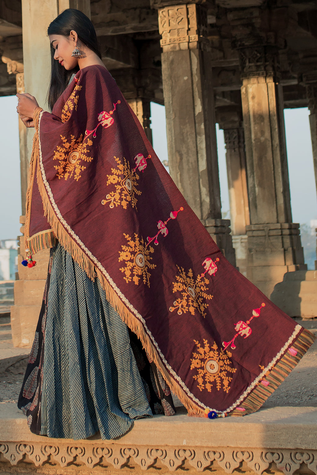 Premium Wine Flower Bunch Embroidered Festive Dupatta_MF7005