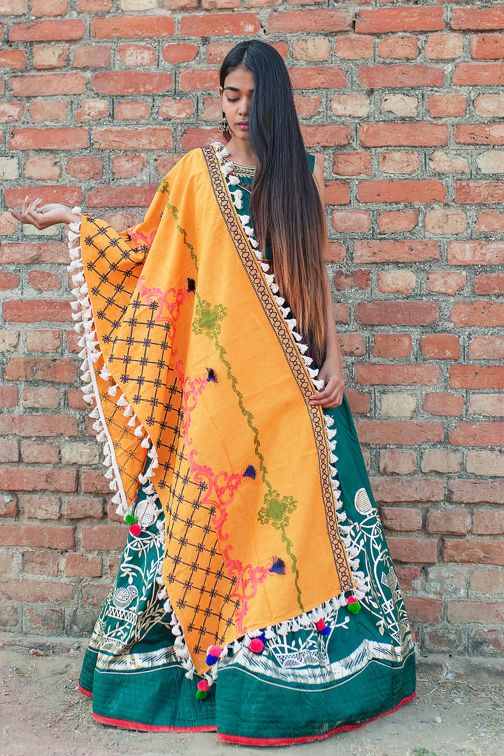 Premium Mustard Temple Embroidered Linen Festive Dupatta_MF7007