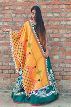 Premium Mustard Temple Embroidered Linen Festive Dupatta_MF7007