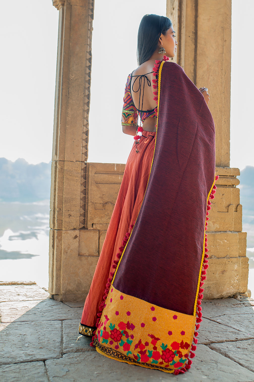 Premium Mustard Floral Panel Linen Festive Dupatta_MF7008
