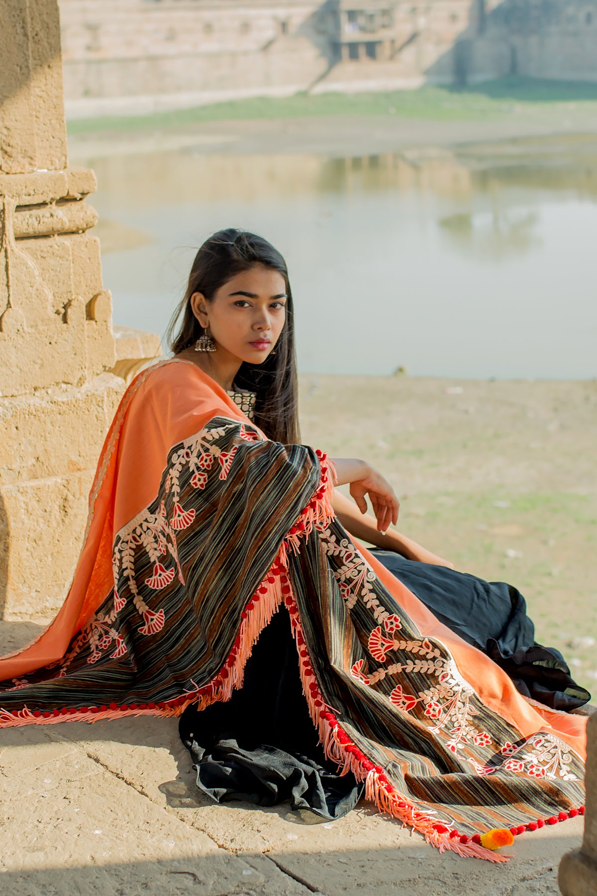 Premium Peach Marigold Embroidered Half And Half Festive Dupatta_MF7011