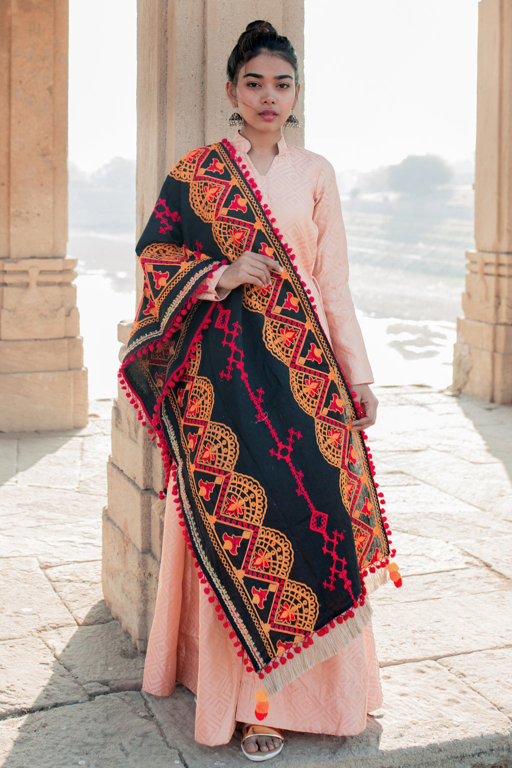 Premium Black Traditional Embroidered Linen Festive Dupatta_MF7014