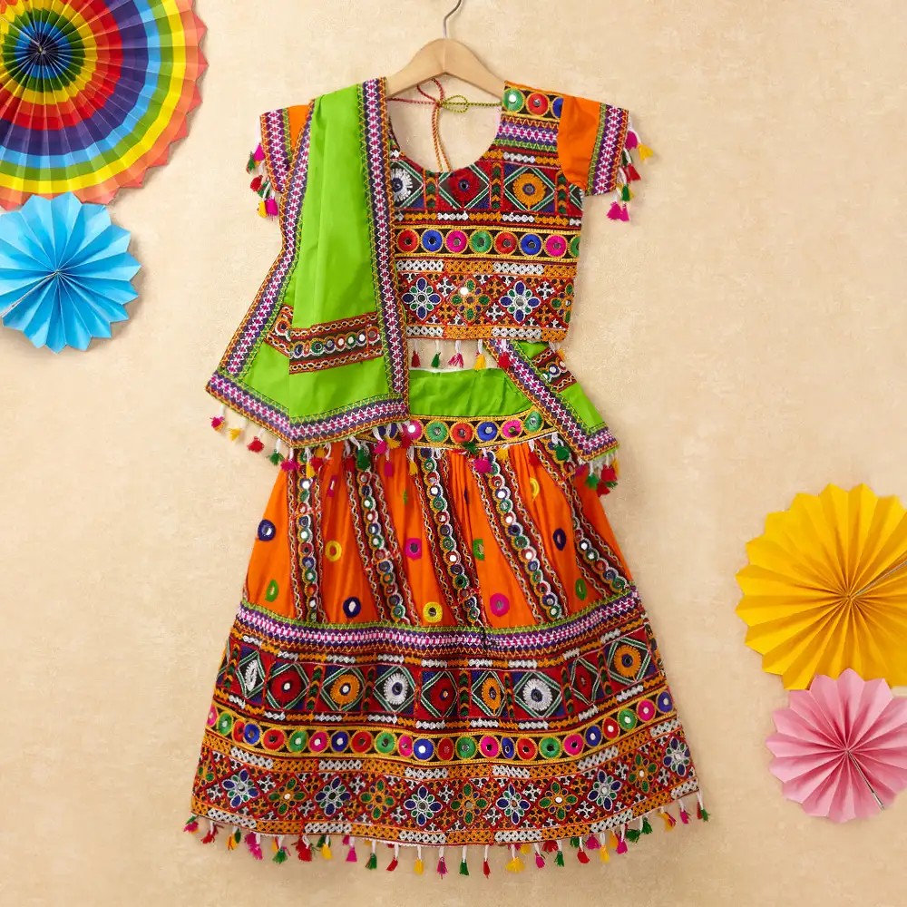 Banjara India Kutchi Emboidered Orange Girls Chaniya Choli with Dupatta (CC-WAVE) - ORANGE