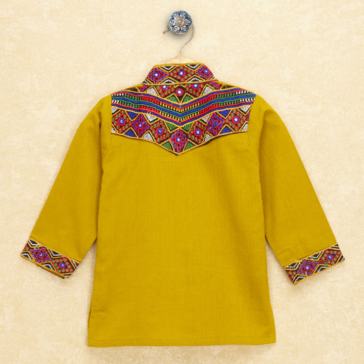 Kutchi Emboidered Kurta Pajama for Boys - Mustard