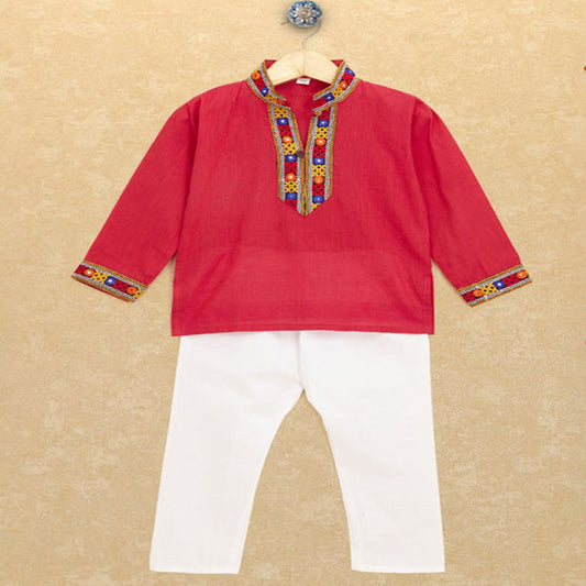 Kutchi Emboidered Kurta Pajama for Boys - Pink