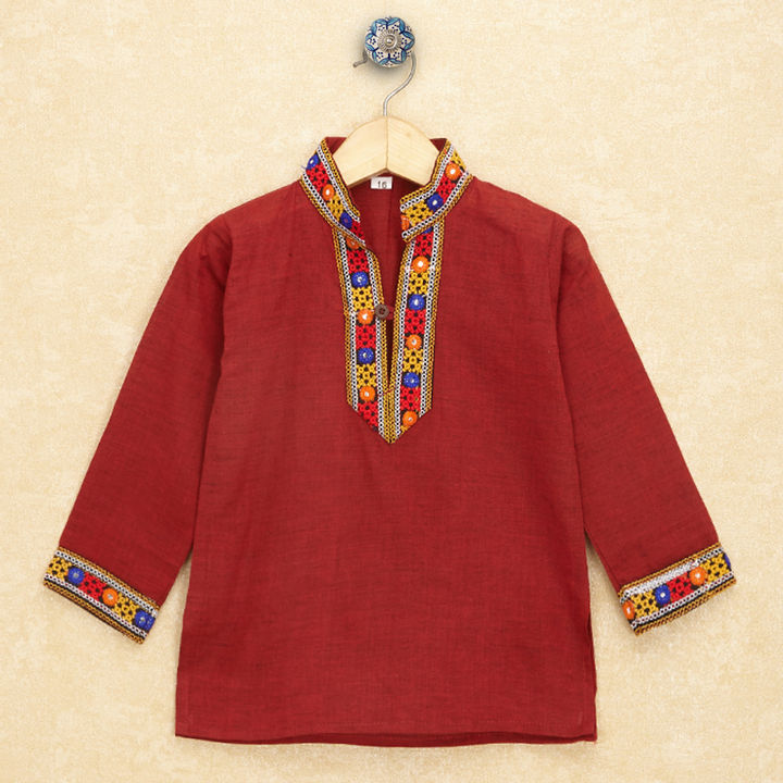 Kutchi Emboidered Kurta Pajama for Boys - Maroon