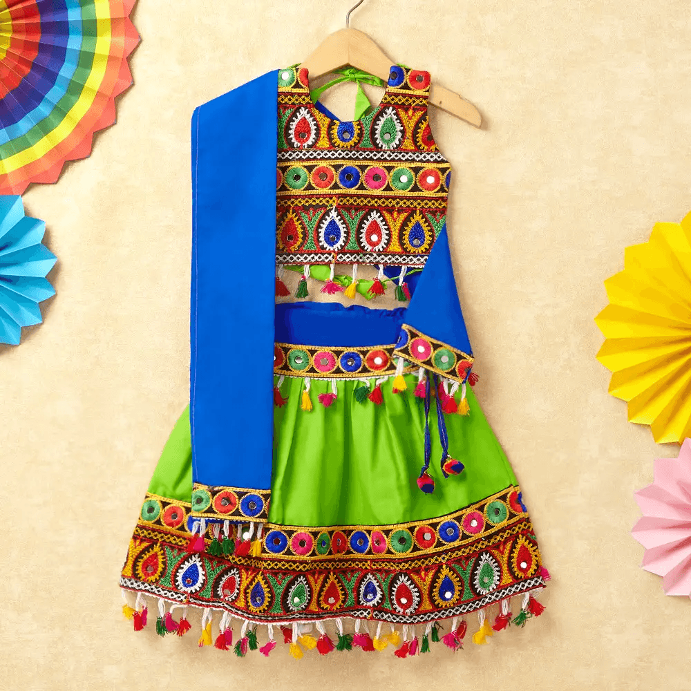 Banjara India Kutchi Emboidered Black Girls Chaniya Choli with Dupatta (CC-DROP) - GREEN
