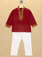 Kutchi Emboidered Kurta Pajama for Boys - Maroon