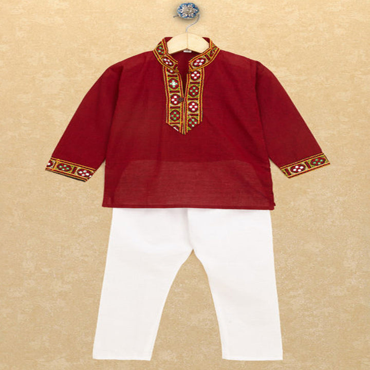 Kutchi Emboidered Kurta Pajama for Boys - Maroon