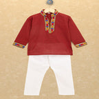 Kutchi Emboidered Kurta Pajama for Boys - Maroon
