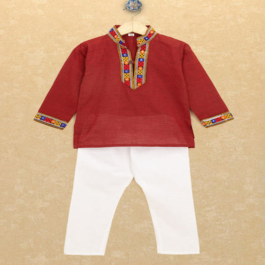 Kutchi Emboidered Kurta Pajama for Boys - Maroon