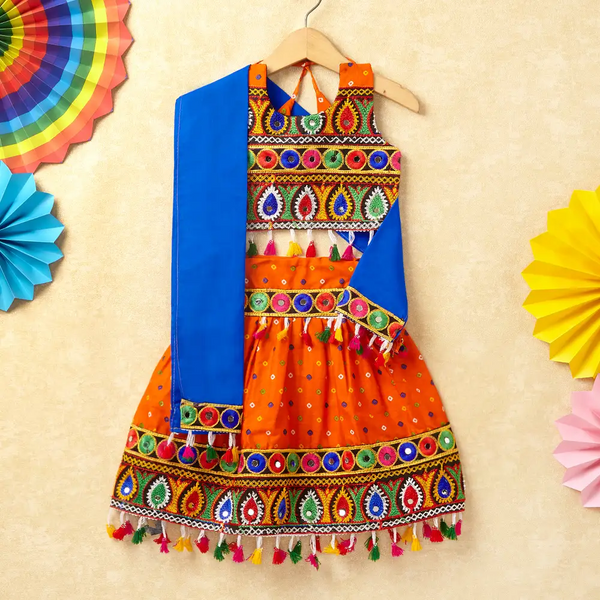 Banjara India Kutchi Emboidered Blue Girls Chaniya Choli with Dupatta (CC-POP) - Orange