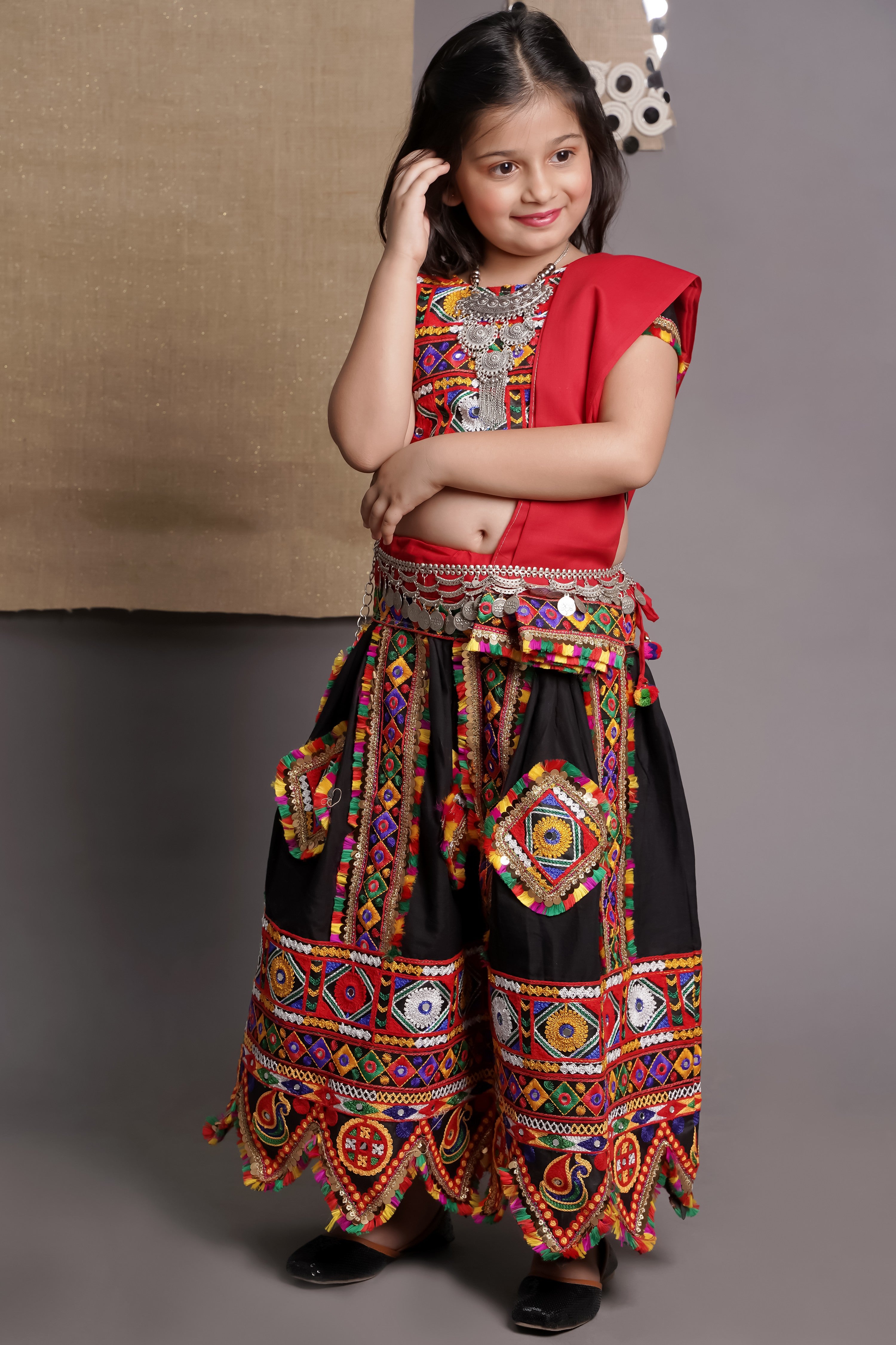 Banjara India Kutchi Emboidered Black Girls Chaniya Choli with Dupatta (CC-PTW) - Black