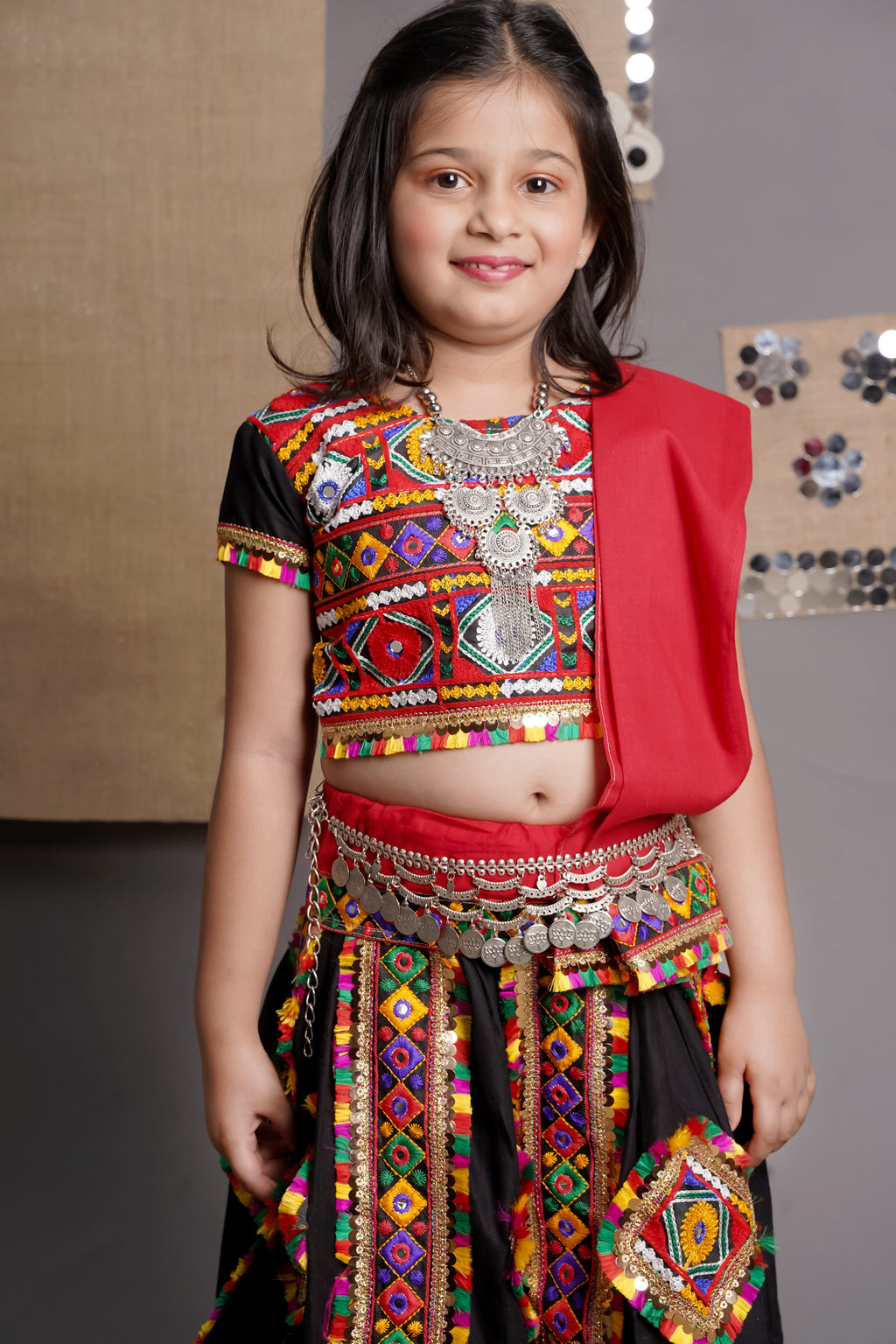 Banjara India Kutchi Emboidered Black Girls Chaniya Choli with Dupatta (CC-PTW) - Black