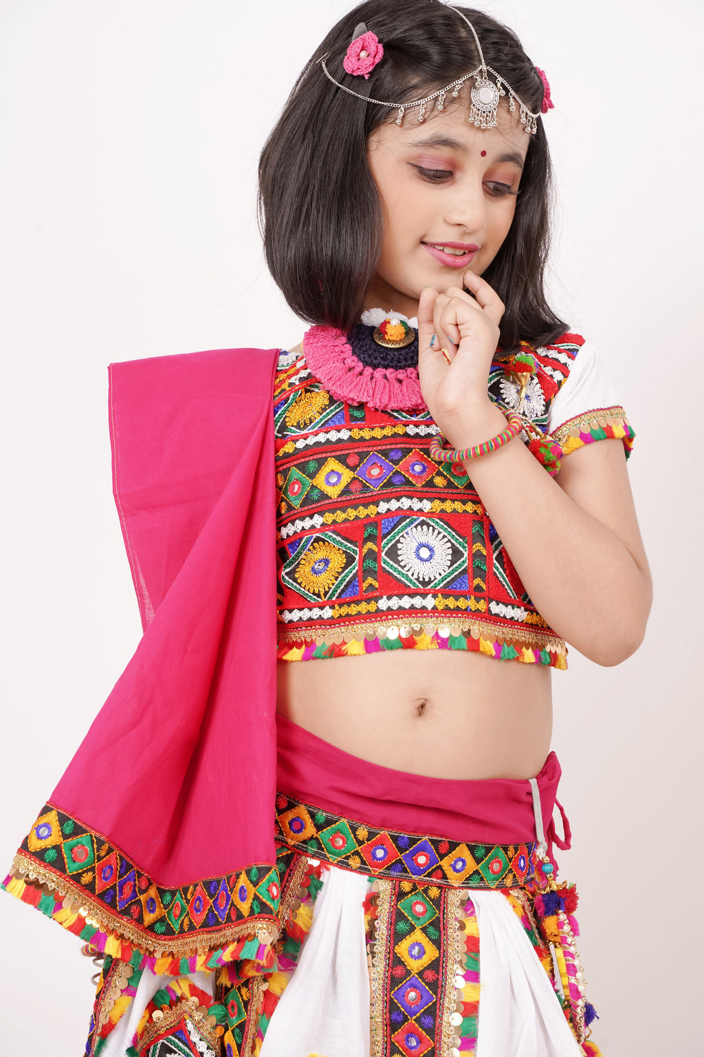 Banjara India Kutchi Emboidered Black Girls Chaniya Choli with Dupatta (CC-PTW) - White